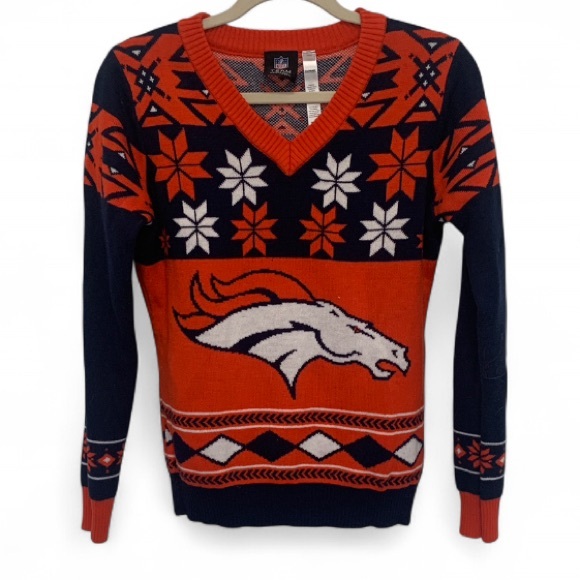 NFL Sweaters - NFL Team Apparel Denver Broncos V Neck Ugly Christmas Sweater Size Medium